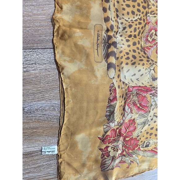 Salvatore Ferragamo Silk Scar Leopard Floral Brown Rectangle Scarf Rolled Hem - Picture 8 of 13